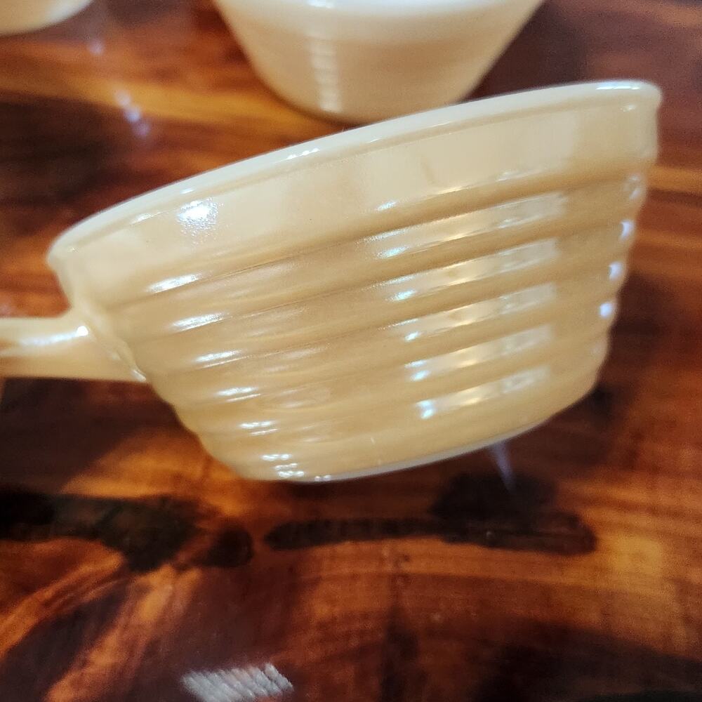 Vintage Fire-King Peach Luster Beehive Handled Soup Bowls Set of 4 USA Cottage